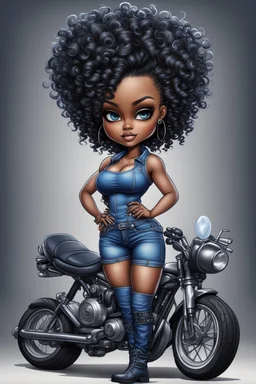 create an airbrush illustration of a chibi cartoon voluptuous black female wearing a blue jean outfit with biker boots. Prominent make up with hazel eyes. Extremely highly detail of black and blonde tight curly hair. Background of a bike show.