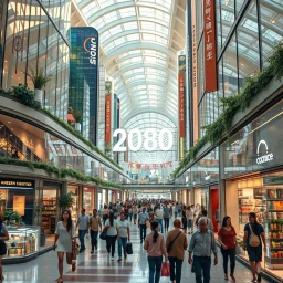 imagination of 2080 year modern city shopping center with people in arround dayly habit