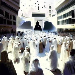 The scene in Mecca: People wearing white Ihram clothes, men without head coverings, women with veils, circumambulating around the Kaaba, and above them are transparent white spirits of children, men, and women with wings revolving around the Kaaba.