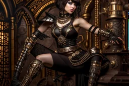 a pale-skinned Cleopatra, with a bob hairstyle, in a steampunk setting, black boots, in a fighting stance