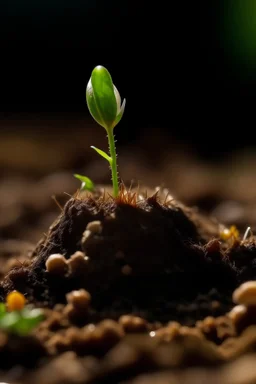 Sprouting - Show the seed with a small sprout emerging from the top, breaking through the soil surface.