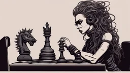 medusa in the style of cyber punk playing chess with a knight chess piece in her hand