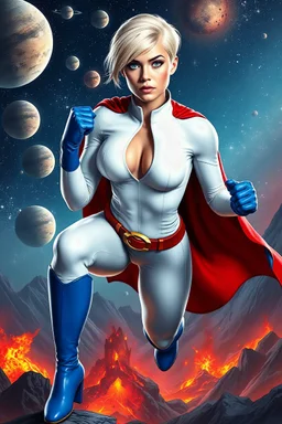 Karen Starr, full body, superhero landing pose, young athletic white female, crew cut bleach-blonde hair, blue eyes, thick black eyebrows, round face, semi-pointed chin, muscular build. Wearing white long-sleeved bodysuit with high collar with plunging neckline, blue elbow gloves, red belt with gold buckle, red cape, blue knee boots. Background: outer space, planets, stars, galaxies, fire, explosions, volcanic lava, craggy peaks. Photorealistic