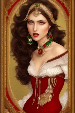 full body shot of A beautiful Arab woman with white skin, brown hair, long curly hair, red cheeks and lips, wearing an elegant red dress from the Victorian era, wearing a necklace and earring made of green sapphire and gold