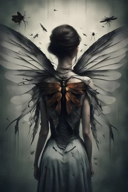 a haunting image of a woman with insect wings protruding from her back as she faces away from us, in despair and pain, her wings that are broken torn and crumbling