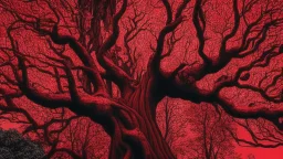 red tree, highly detailed, beautiful desktop wallpaper, comic style, many human faces on tree