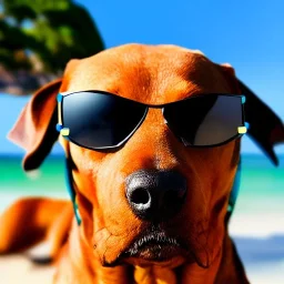 Rottweiller wearing sunglasses beach in background