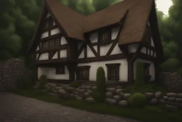 large medieval gothic, wooden inn, with a balcony, next to a cobbled road, in a wood, dense foliage, photo-realistic