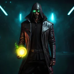 Mysterious male cyberpunk wizard, leather jacket, glowing grey eyes, cyberpunk style, video game character, trending DeviantArt, trending ArtStation, post-apocalyptic background