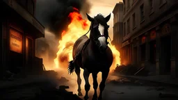 photorealistic, a horse in flames running down a victorian street, Apocalyptic, photo-realistic, cinematic, human corpses are slumped over burning rubble on either side of the road