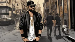 a single man, an Arab from the Middle East, he has a beard, who wears a gold chain, with a t-shirt marked ODK, wears a black baseball jacket with the mark ODK, which bears black sunglasses, with a black baseball cap with the initials ODK. at night, in the city center, at night.