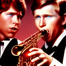 REd-haired ron howard as richie from happy days Is playing the saxophone with his "eyes closed", rock band, saxophone lips