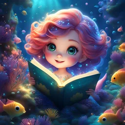 glowing orbs around adorable happy mystical chibi freckled face mermaid, big expressive eyes, reading a book, in an under the sea kingdom sprinkled with glittering fairy dust, Dreamlike Fantasy Art,colorful8k resolution concept art, Greg Rutkowski,SIXMOREVODKA, pastel color, Nighttime Lighting, digital illustration, 4K, Hyperdetailed, Intricate Details, 3D shading, Art of Illusion