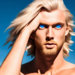 masterpiece, best quality, man, blue eyes, fluorescent, blond flutter hair, highly detailed body, sun light, 4K, RAW, depth of field, high contrast, realistic details, 150mm