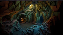 blocky 3D low poly cartoon render style of the image, fantasy environment view from above, a cave interior view from inside, an empty stone passage through the cave, dark and gloomy mood