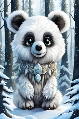 A chibi soft fluffy white furred, medium height mutant bear-cat mammal with medium snout, big dark eyes, big tassel ears, a cute fantasy creature. Tundra forest , snow in the background. sharp focus, intricate details, masterpiece