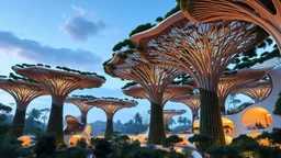 A series of interconnected, curved buildings resembling the canopies of giant trees. Each building is made of advanced, sustainable materials and features panoramic windows that blend seamlessly with the natural surroundings. Award-winning photograph, beautiful composition, exquisite detail and illumination