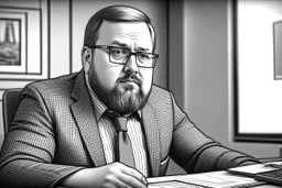 big russian man sitting at desk, portrait, speech, TV address, nametag, glasses, neck beard, short hair, mustache, suit, no tie; caricature style, sketch art; black and white; grayscale, pencil drawing