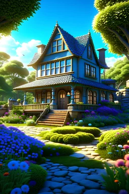 Pixar studio ghibli beautiful victorian house, gnomes on garden, eldritch, stone architecture, water fall, lovecraftion, colourful wild flowers, fantasy, cinematic footage, photorealism, hydrangeas around house hills fantasy land beautiful flower landscape alien world puffy trees, stylized painting, 3d 4k octane render, lifelike, photorealistic, artstation, illustration, smooth, sharp focus, ornate, intricate, complex, highly detailed, digital painting, smooth, art by tom bagshaw, akihiko yosh