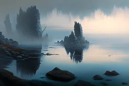 distant city, sea, mist, rocks, lake reflection, epic, otto pippel painting