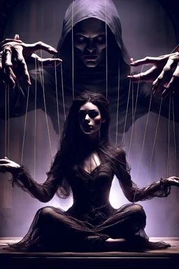 A dramatic digital mage of a woman seated on a table,facing to the front ,she is connected to string like a puppet, arms in air, moved by the strings, puppet like features in the face, beautiful face, behind her also facing the front is the puppet master,is a huge image of a man holding the strings, creepy gothic character,.zoomed in, dark and shadowy background with selective lighting on the woman, gothic and chaotic