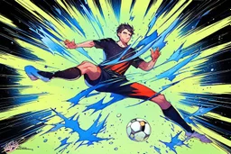 Oil painting, full body of a soccer player, he is kicking the ball, the ball is flying, bright but not neon colours, dynamic lines, dynamic blobs, spots, lines in the background of the character, splash like a colour explosion