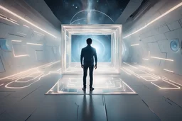 Person from behind standing on a flat floor looking up at a futuristic square cube surrounded by a space trail