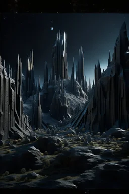 This planet features vast black castles inside big crystalline pillars reaching toward the sky, giving the landscape a surreal, geometric appearance. The anomaly results from the Remnants' or an unknown cosmic force's influence in sculpting these crystalline formations., photo-realistic, shot on Hasselblad h6d-400c, zeiss prime lens, bokeh like f/0.8, tilt-shift lens 8k, high detail, smooth render, down-light, unreal eng