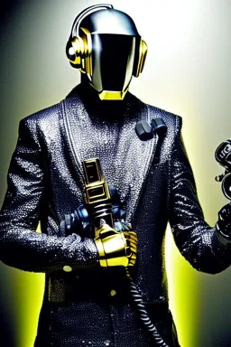 Metallic Cyber-punk man with camera-mask, old AKG-style headphones, golden rings. Fencing mask covers man's cheeks. Good body shape. Body and head full of integrated old-fashioned cameras. Ancient silver telephone attached to perfect body, trunk. 5th dimensional Escher tiling background. Daft Punk, Tron Movie. Matrix movie, black leather jacket, tippet. Black latex areas in black leather surfaces body. 1990's pimper. Ancient AKG-microphone as mouth. strong fear or disgust of closely packed holes