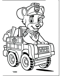 outline art for Paw Patrol Marshall With Fire Truck coloring page, Japanese manga style, cartoon style, cute face, white background sketch style, full body is a must, only use outline, clean line art, no shadow, bold outline