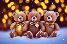 cute teddy bears holding hearts covered in sparkling gold glitter, beautiful winter composition, snowflakes, pine branches, Christmas ornaments and glowing Christmas lights