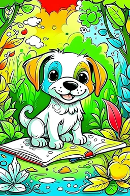 kids illustration, cute smiling puppy is filing colors on drawing books with color brushes and pencils in a jungle,cartoon style,thick lines,low detail, background bigger than puppy,vivid color --ar 9:11