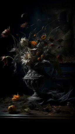 Bosch nightmares paining style Title:a vase with dry dark color flowers 8k artistic photography, photorealistic concept art, soft natural volumetric cinematic perfect light, chiaroscuro, award-winning photograph, masterpiece, oil on canvas, Raphael, Caravaggio, Greg Rutkowski, people, beksinski, Giger