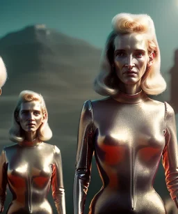 Ultra Realistic retro sci-fi movie scene, 1960 year, waist up view portrait, 3 clones blonde women, sweet young uma Thurman face, perfect iris, glow eyes, face makeup. Supermarket with people background, Retro sci-fi style, helmet, tight latex coat, fog, rain, soft color, highly detailed, unreal engine 5, ray tracing, RTX, lumen lighting, ultra detail, volumetric lighting, 3d, finely drawn, high definition, high resolution.