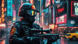 1980s cyberpunk tactical police with guns alert on streets of 1960s pop-art Tokyo; 8K, masterpiece, photo-realistic, amazing reflections, wonderful textures, perfect body, perfect limbs, perfect fingers, no extra body parts, dynamic, cinematic, dramatic, 1960s vibe, cam in motion, swirl dynamics, body action, deep wide angle, Katsuhiro Otomo style, summer heat, glass colors, sharp shadows, black outlines, ultra detailed, extremely intricate, stunned in motion