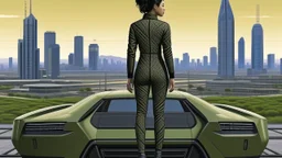 Tall thin women, with straight black hair, dressed in a camouflaged jumpsuit, looking out from the rear of a futuristic aircar, on a tarmac runway, with a city skyline in the distance