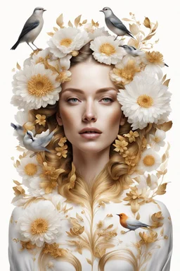 White background, portrait of a Woman, flowers, birds made of gold