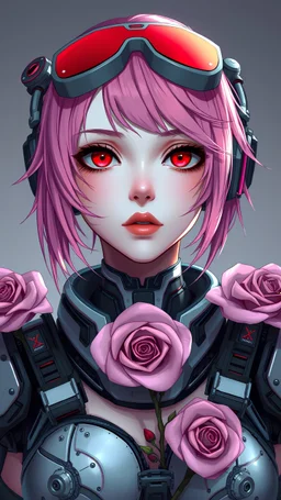 woman with pink hair and red eyes wearing futuristic gear, cyborg girl, cyborg - girl, cute cyborg girl, beutiful girl cyborg, digital cyberpunk anime art, portrait of a cyberpunk machine, cyberpunk cyborg. roses, advanced digital cyberpunk art, cyberpunk cyborg, portrait of a cyberpunk cyborg, digital cyberpunk - anime art, cyberpunk dark fantasy art, cyberpunk art style