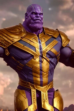 Thanos, the commander of the army of aliens and the king of the entire galaxy, is ready to go on a campaign with his two large swords, his very beautiful and impenetrable armor with his golden helmet, standing on top of a hill with his sword with infinity gauntlet