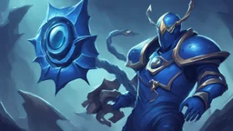 Nautilus is a champion in the game League of Legends with a menacing and alluring appearance. He wears a heavy blue suit with spider-like and metallic elements. He has a sturdy frame and a massive metal mask covering his head, which features two glowing eyes. He wields a weapon made of metal flanges called the "Anchor of the Depths" and is known for powerful movements and devastating strikes.