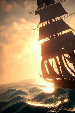 photo of a ultra realistic sailing ship, dramatic light, pale sunrise, cinematic lighting, battered, low angle, trending on artstation, 4k, hyper realistic, focused, extreme details, unreal engine 5, cinematic, masterpiece, art by studio ghibli, intricate artwork by john william turner