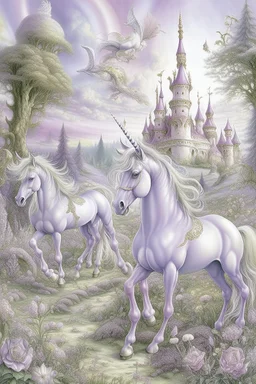 A light purple fairy kingdom with unicorns painted by Albrecht Durer