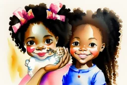 A cute smiling Afro-American girl is holding a kitten. Watercolour