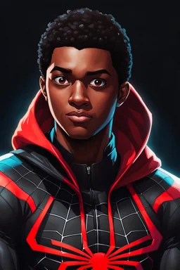 A beautiful portrait painting of Miles Morales, in style of colorful comic. symmetry, hyper detailed. octanev render. trending on artstation