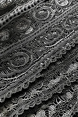 create a realistic flatlay image of black french chantilly pizzo laces pattern on a white matt surface, Solstiss, tilable, made for seamless Material, light creamy color, very detailed