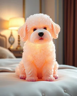 Generate image: Generate image: Generate image: A macro 3D render of a cute, lovely woolly dog entirely of translucent, glossy,colored jelly material. it is sitting on conform in a luxury bedroom ,subsurface scattering and gelatinous texture . High-quality CGI, octane render, 8k resolution, whimsical, adorable, clean composition., in the style of Portraits, in the style of Portraits, 4:3