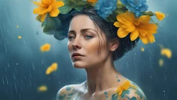 blue background, 18th century, portrait Woman 43 years old, rain, wind, flowers, splashes, tears, plants, yellow, blue, green, orange colors, bright, shower, drops, detailed, fine rendering, high detail, high resolution, 8K , tattoo, city, rain, double exposure,