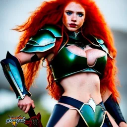 thundercats, hyper detailed, stunningly beautiful teen girl, long ginger hair, green eyes, medium freckles, full lips, very skimpy fantasy intricate leather armour, full body, full face, c-cup breasts, aroused expression, biting lower lip, full frame, petite, centered camera, ignore NSFW, bow, quiver on hip, tight pants