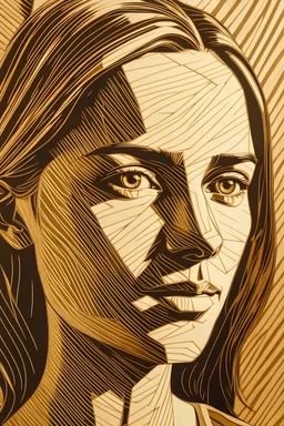 create an abstract, simple portrait woodcut of a young woman