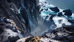 This mesmerizing ocean cliff scene captures the dramatic power and beauty of nature. Towering rugged cliffs stand majestically against the vast expanse of the ocean, where the water pours into a singular bottomless pit. The cliffs, with their sharp and jagged edges, create a stark contrast to the rough, flowing water, making the scene even more captivating. Sunlight pierces through the mist rising from the waterfalls, creating a magical, ethereal atmosphere